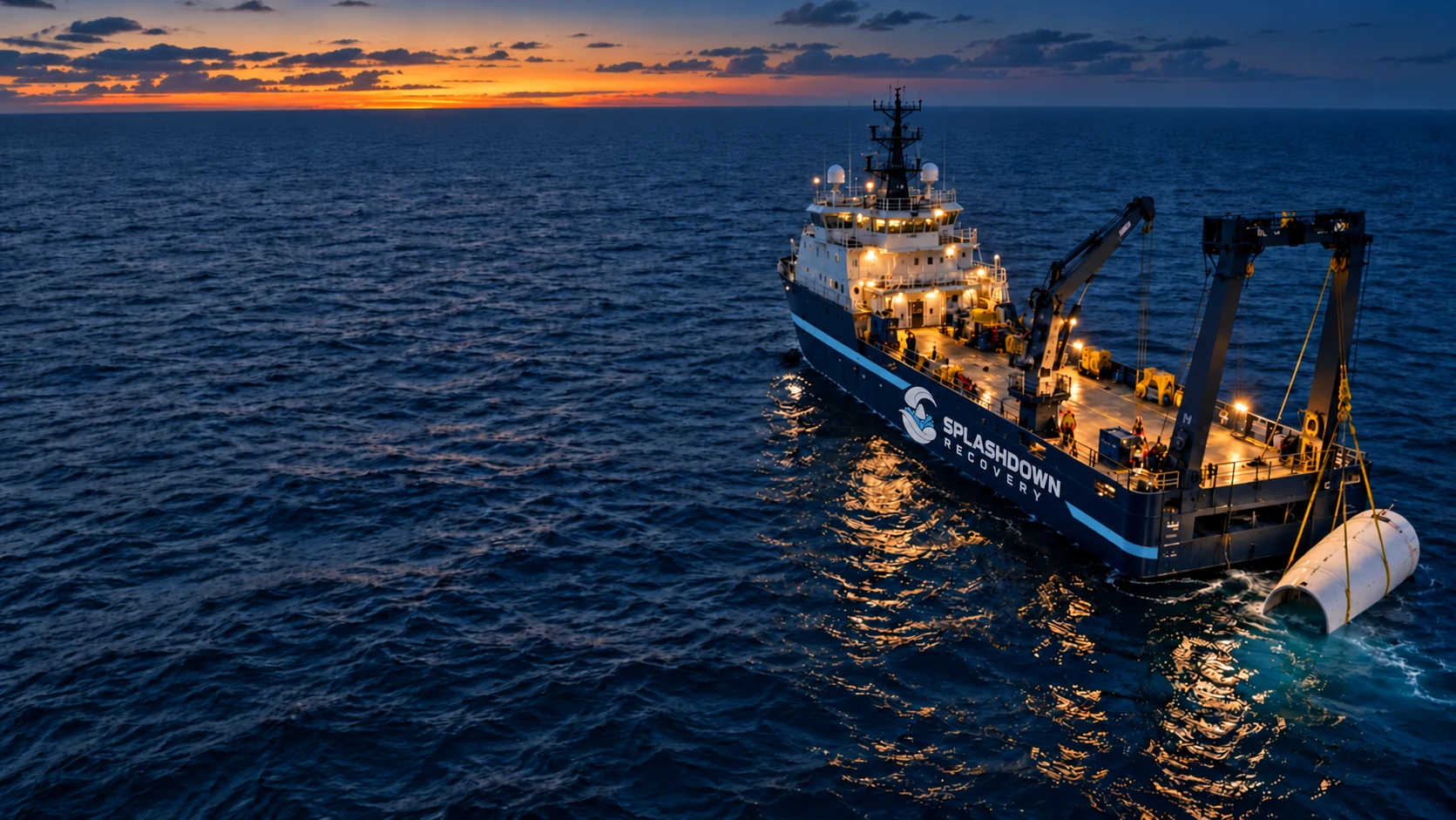 AI-generated concept of an offshore vessel recovering a white payload fairing