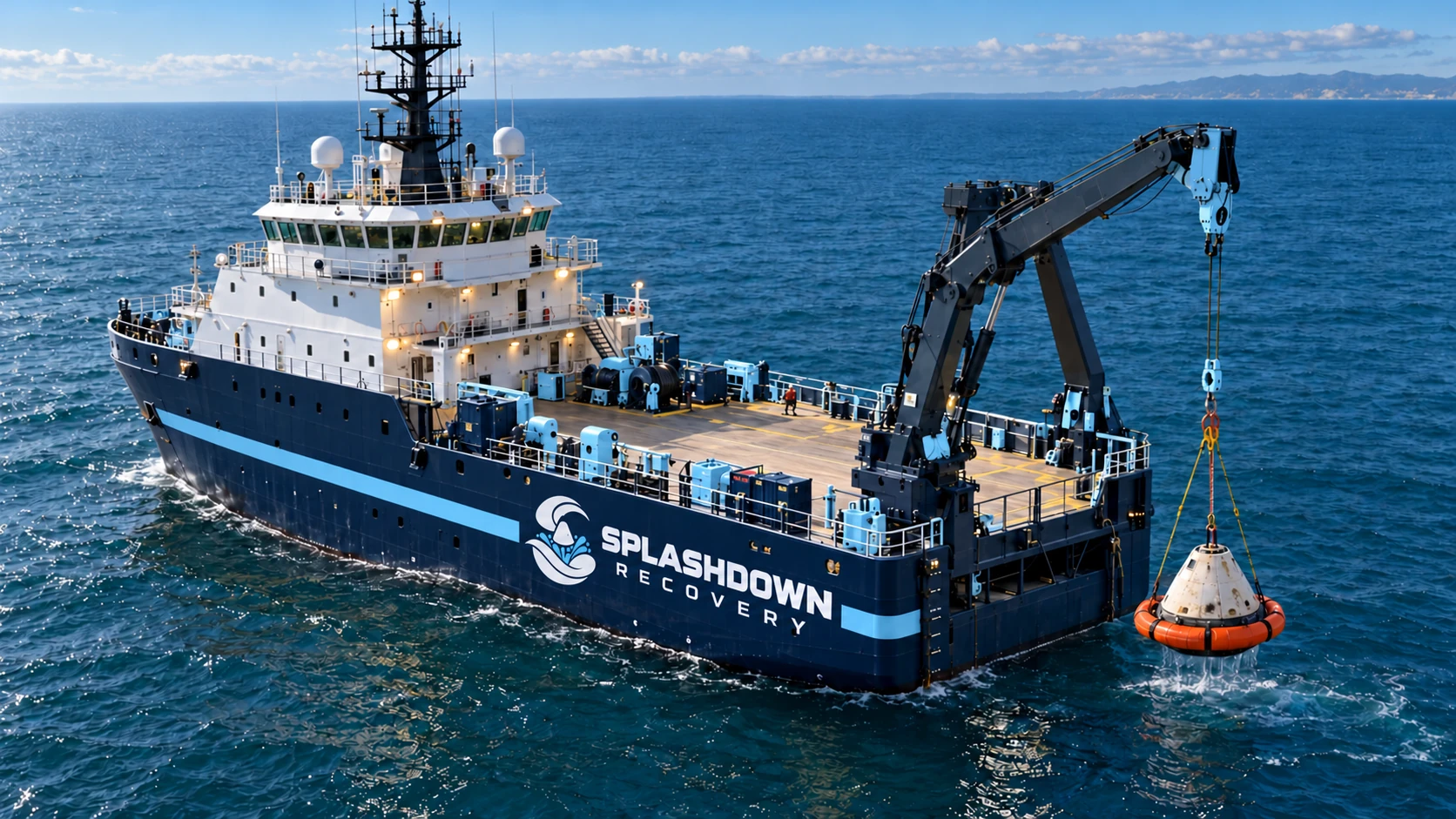 AI-generated concept of a Splashdown Recovery-branded recovery ship lifting a compact uncrewed reentry pod from the ocean
